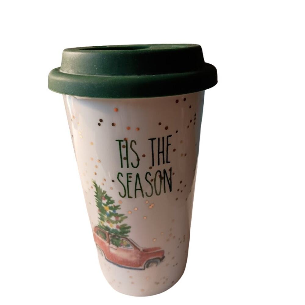 Christmas Stoneware Travel Tumbler Car & Tree Tis the Season with Lid